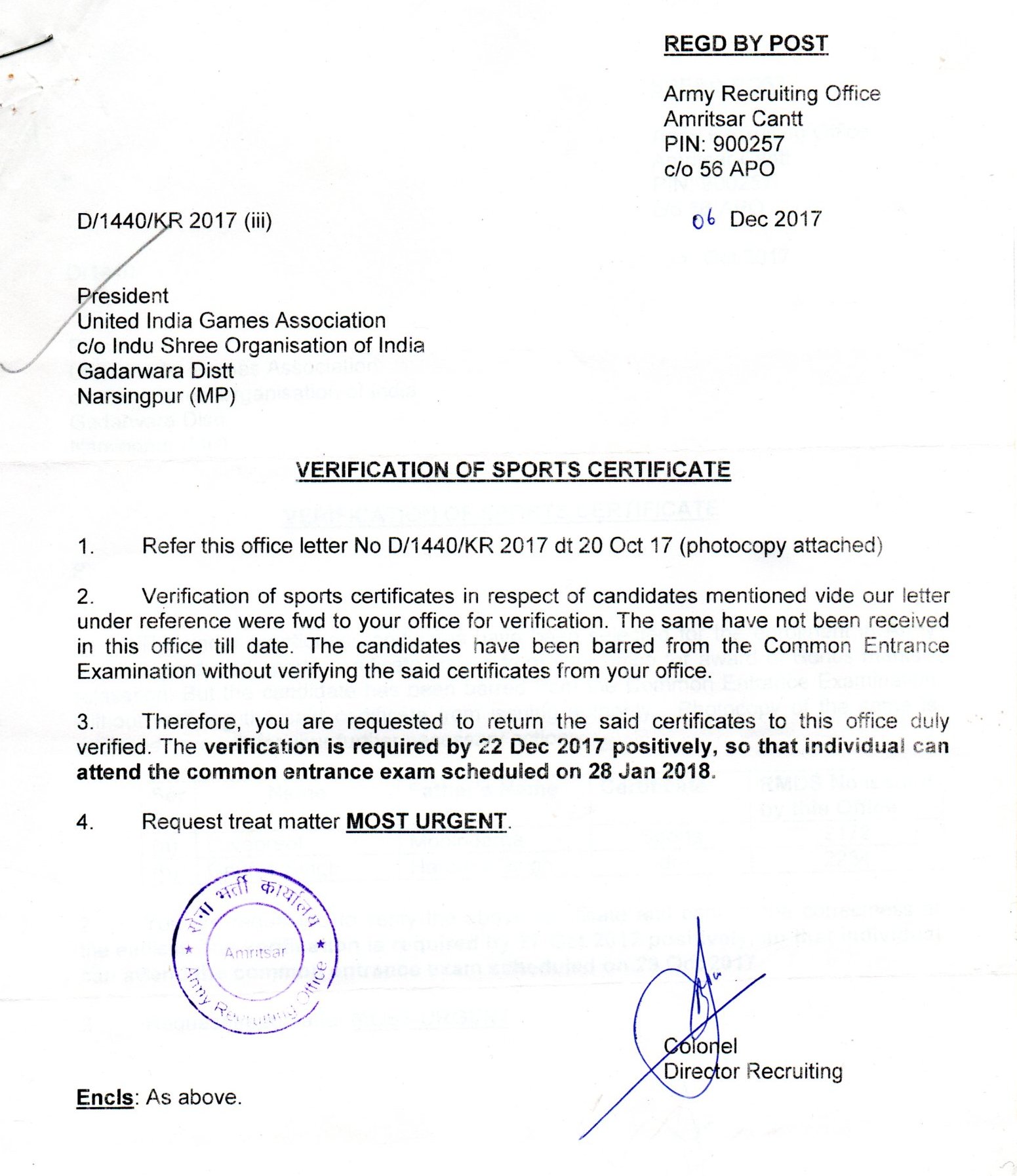 Army Recruiting Office Amritsar Cantt, 2017 Punjab - PIN - 900257